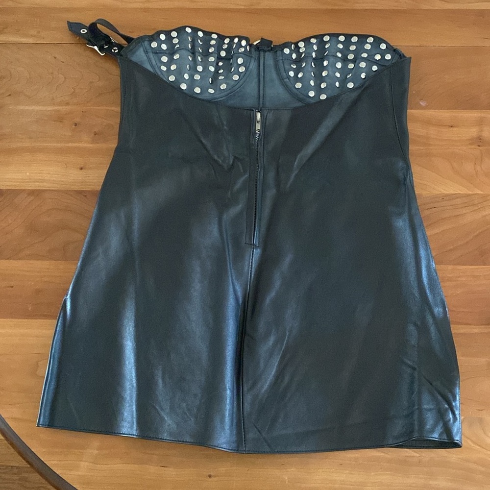 Studded Strapless Black Leather Mini Dress - Picture 4 of 16